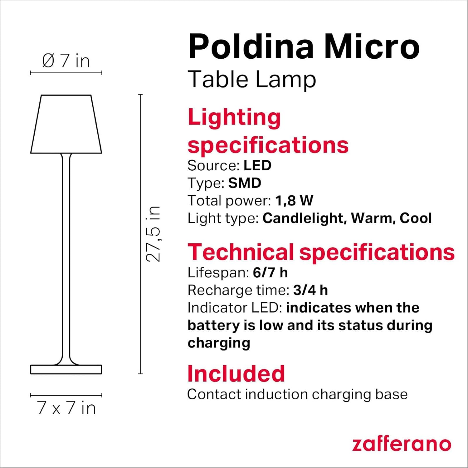 Zafferano, Poldina Micro Lamp, Rechargeable Cordless Table Lamp with Touch Controls, Suitable for Indoor and Outdoor, Dimmer, 2200-3000 K, Height 10.8 Inches, Red Color