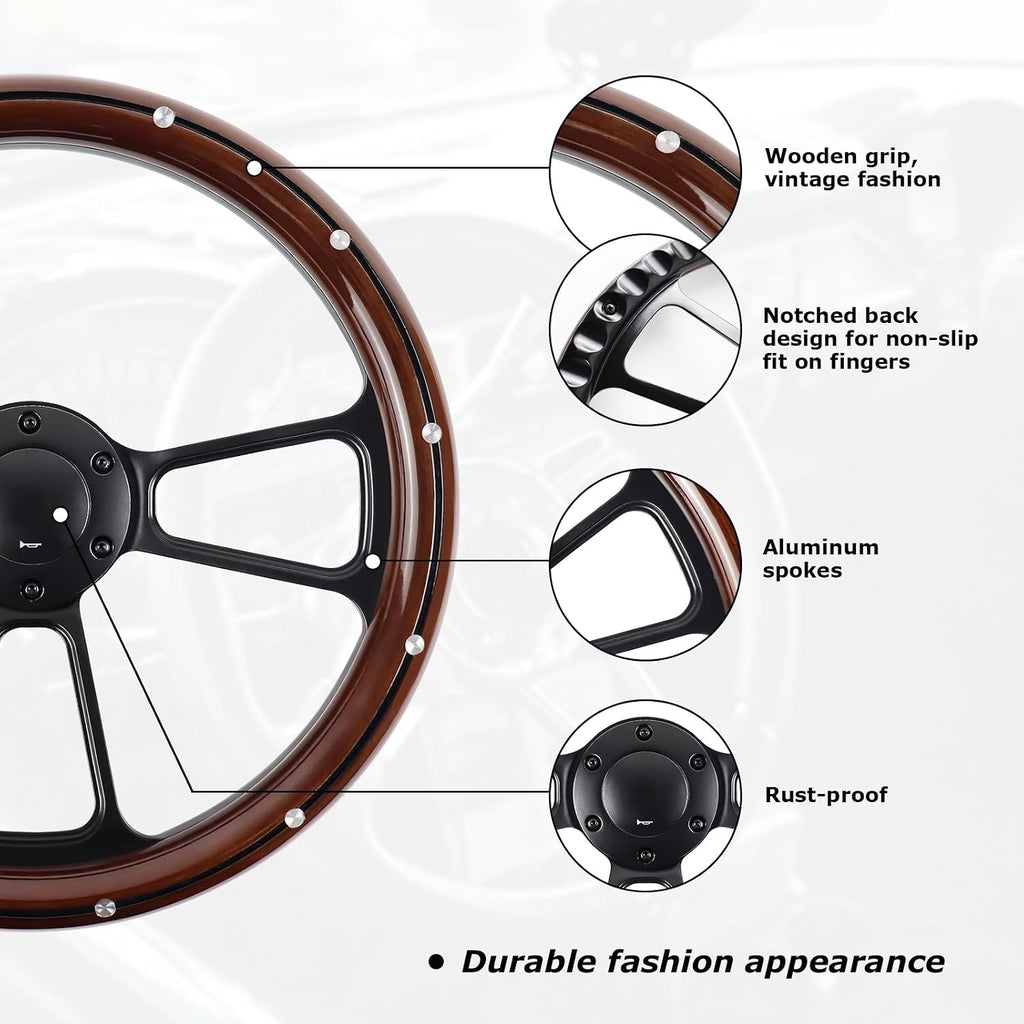 Universal Wooden Racing Steering Wheel 14 Inch 6 Bolt Black Aluminum 3 Spoke Rivet Steering Wheel with Horn Button for Racing/Rally/Motor Sports