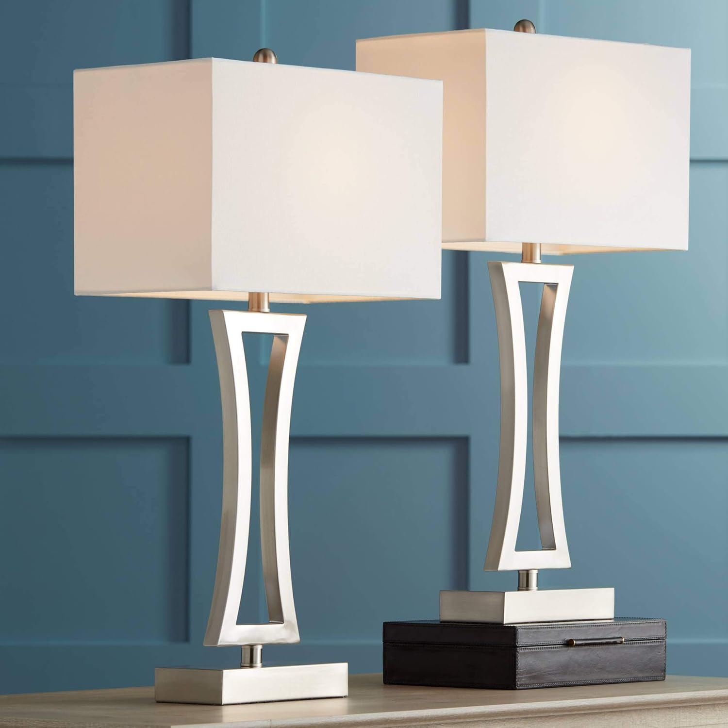 360 Lighting Roxie Modern 3-Way Table Lamps 31' Tall Set of 2 with Dimmers Brushed Nickel Off White Fabric Rectangular Shade for Bedroom Living Room House Bedside Nightstand Home
