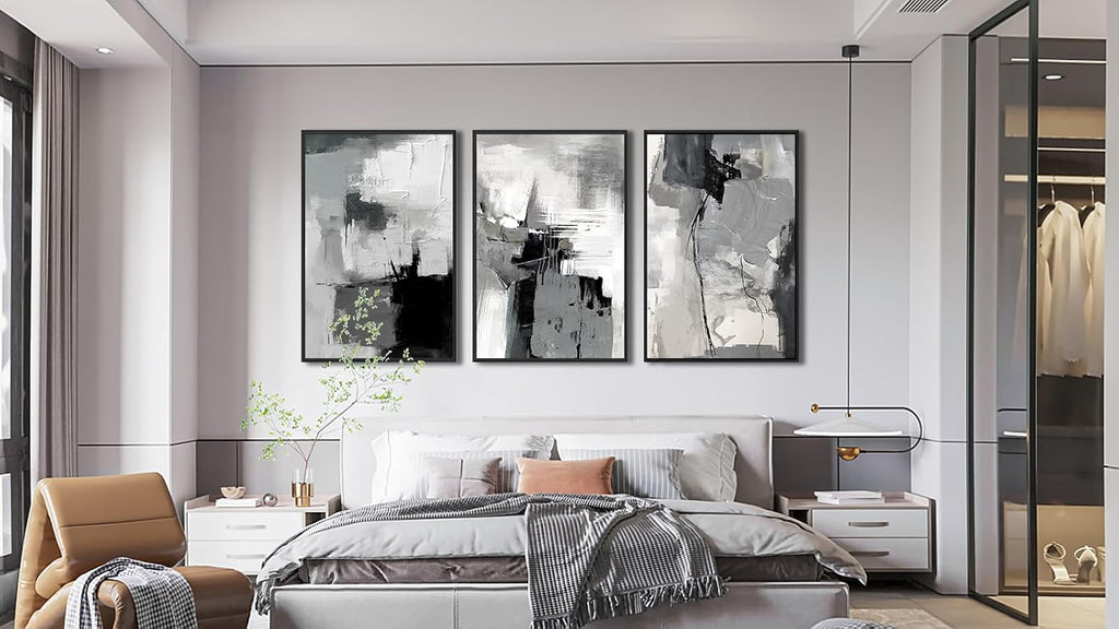 Large Framed Canvas Wall Art - Retro Grey Graffiti Pictures for Living Room Rustic Abstract Wall Decor Vintage Prints for Bedroom Dinning Room Black Float Framed 32' X 48' X 3 pcs