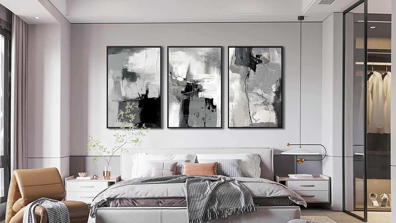 Large Framed Canvas Wall Art - Retro Grey Graffiti Pictures for Living Room Rustic Abstract Wall Decor Vintage Prints for Bedroom Dinning Room Black Float Framed 32' X 48' X 3 pcs