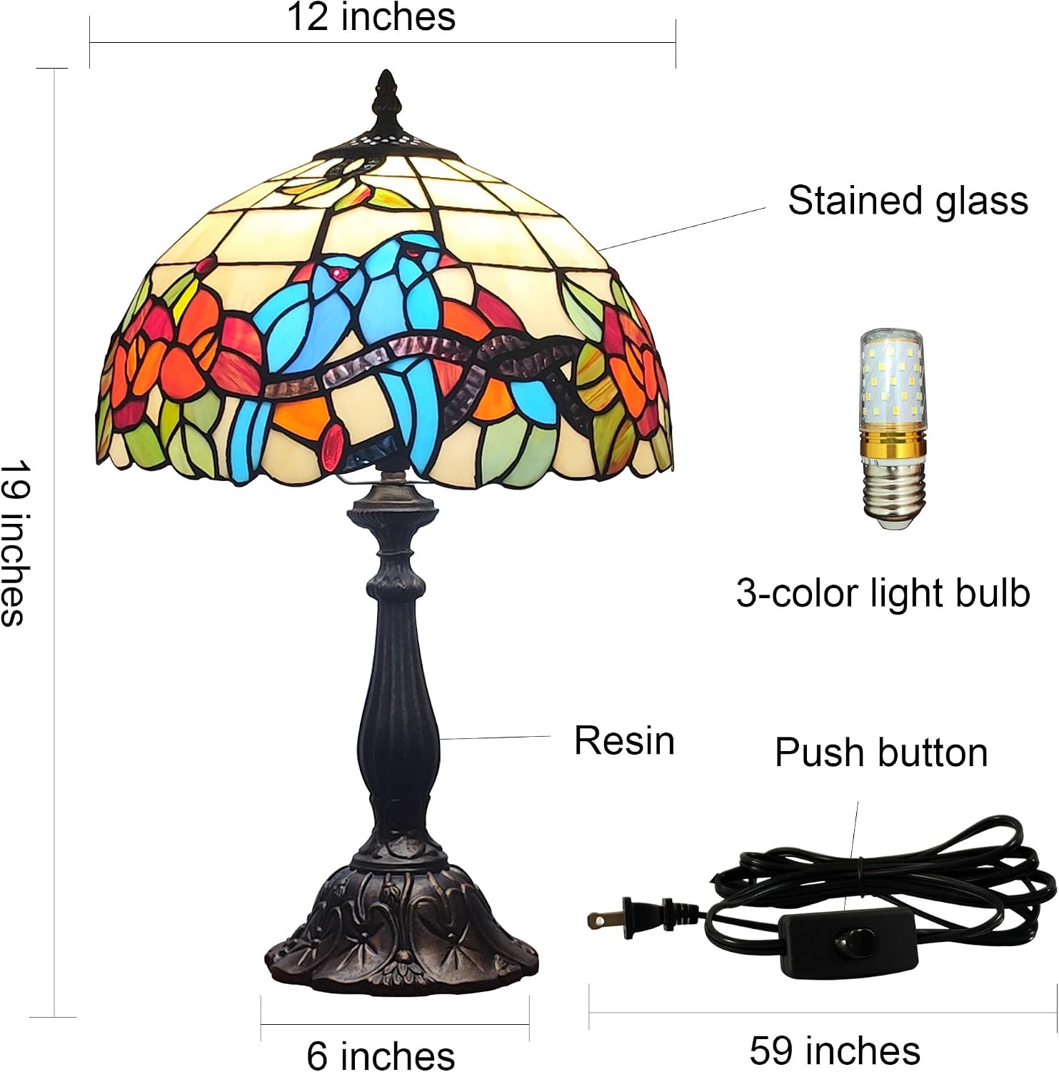 Tiffany 3-Color Stained Glass Lamp - Vintage Beside Reading Lamp, 12 inch Living Room Light, Flowers Style Antique Nightstand Light (Brids Flowers)