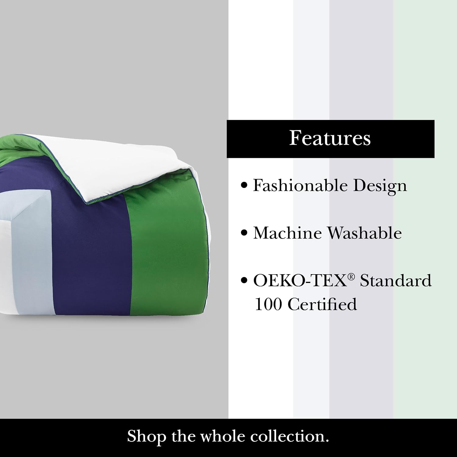 kate spade new york Color Block King Comforter Set, 300 Thread Count and 100% Cotton Cover, All Season 3 Piece Reversible Bedding Set, Machine Washable, Navy, Green and White