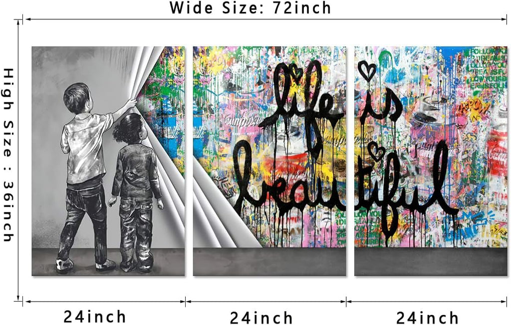 Novatique Banksy Canvas Wall Art for Living Room Modern Graffiti Wall Art Behind the Curtain Colorful Wall Decor for Living Room Bathroom,24' x 36' x 3pcs