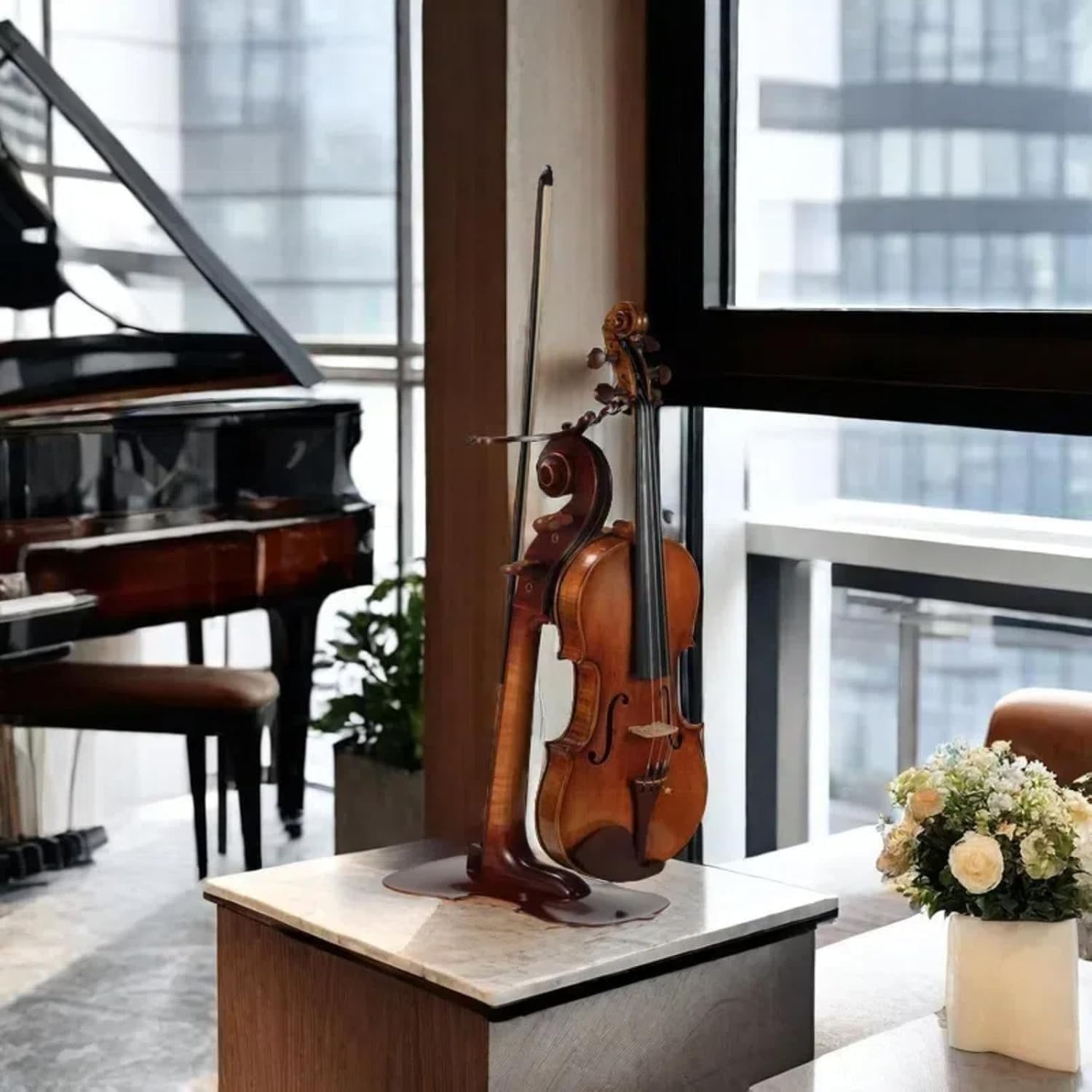 Solid Wood Violin Stand with Bow Holder - No Assembly Needed, Heavy-Duty 4/4 Size Display, Handcrafted Cut-Out Design for Home/Studio/Stage