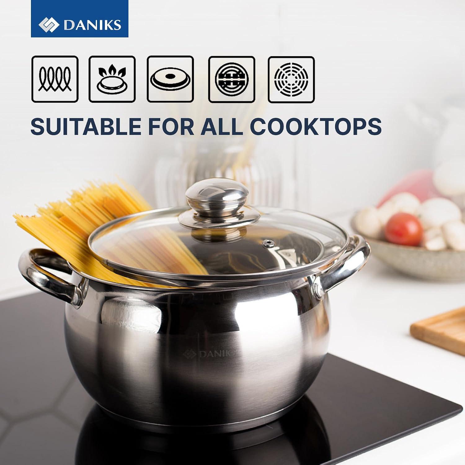 Daniks Classic 12-Piece Stainless Steel Cookware Set with Glass Lids, Includes Saucepan and Frying Pan with Lid, Tri-Ply Bases for Even Heating, Induction Compatible, Dishwasher Safe