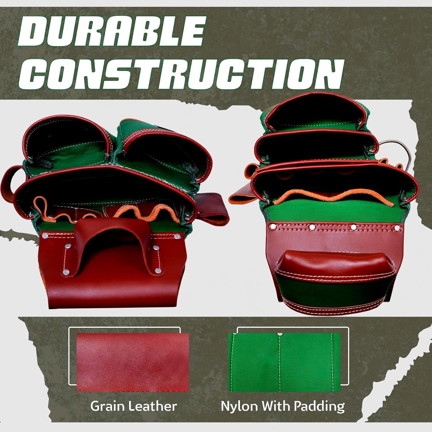 AP-LEATHER Full Grain Leather & Nylon Heavy-Duty Tool Belt Pouch with Suspender & Nylon, 28 Pocket, EVA Foam Padded Comfort, Adjustable 30'-50' Fit (Green)