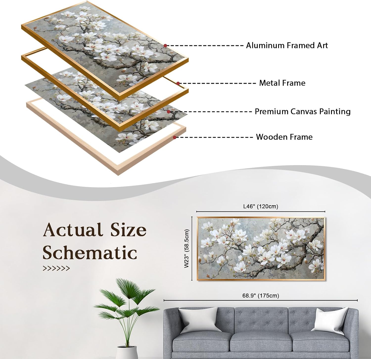 BewDalky Black Metal Framed Wall Art Flower Tree Canvas Print White Magnolia Blossom Picture Nature Landscape Painting Floral Artwork for Living Room Bedroom Home Office Farmhouse Decor 24' x 46'