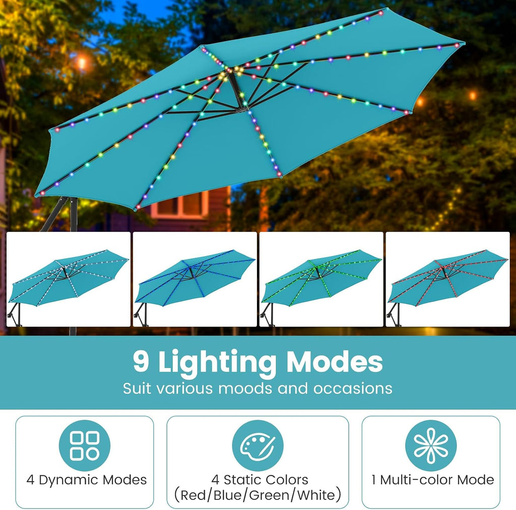 Tangkula 10 FT Solar Patio Umbrella with Base Included, Cantilever Offset Hanging Outdoor Umbrella with 96 Multi-Colored Flowing LED Lights, 9 Modes, Tilt Adjustment, 360° Rotation, Crank for Pool Yard Deck Lawn (Turquoise)