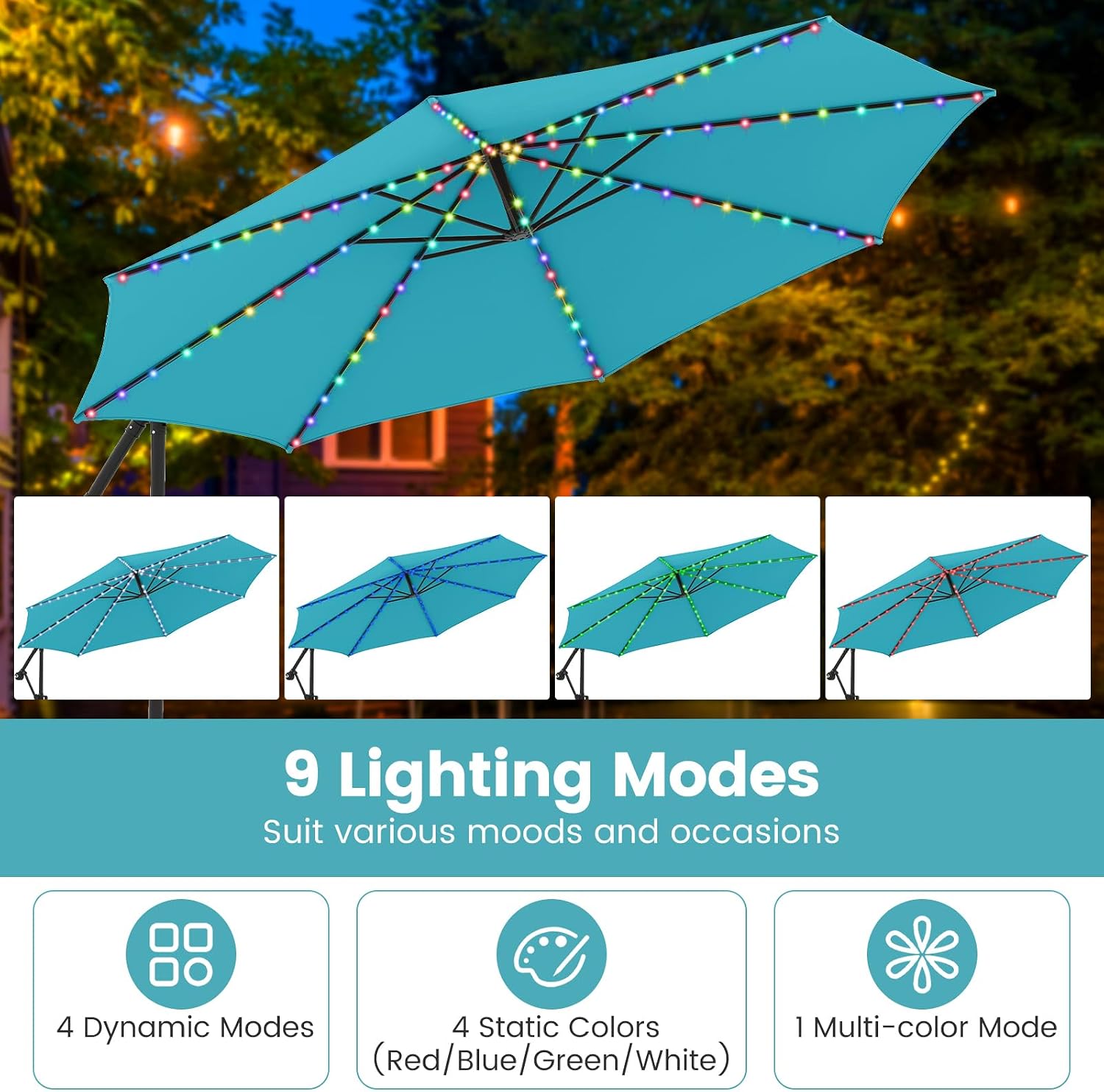 Tangkula 10 FT Solar Patio Umbrella with Base Included, Cantilever Offset Hanging Outdoor Umbrella with 96 Multi-Colored Flowing LED Lights, 9 Modes, Tilt Adjustment, 360° Rotation, Crank for Pool Yard Deck Lawn (Turquoise)