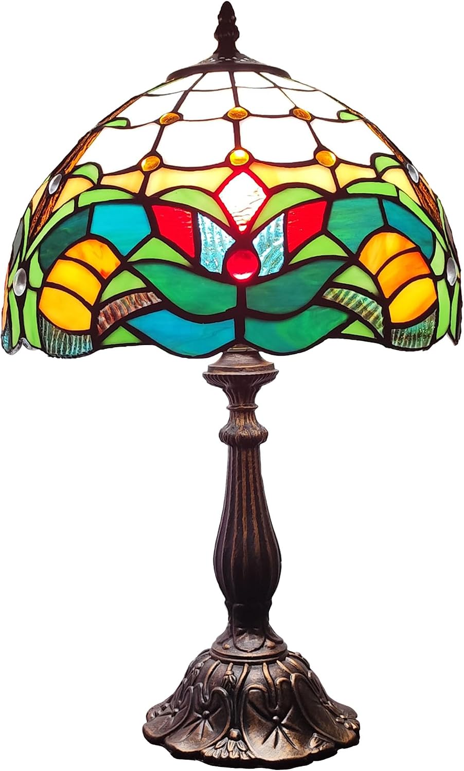 Tiffany Table Lamp Green Flowers Style Stained Glass Desk Light 12 Inch Tiffany Style Bedside Lamp with LED Bulb for Bedroom Living Room Office Decor