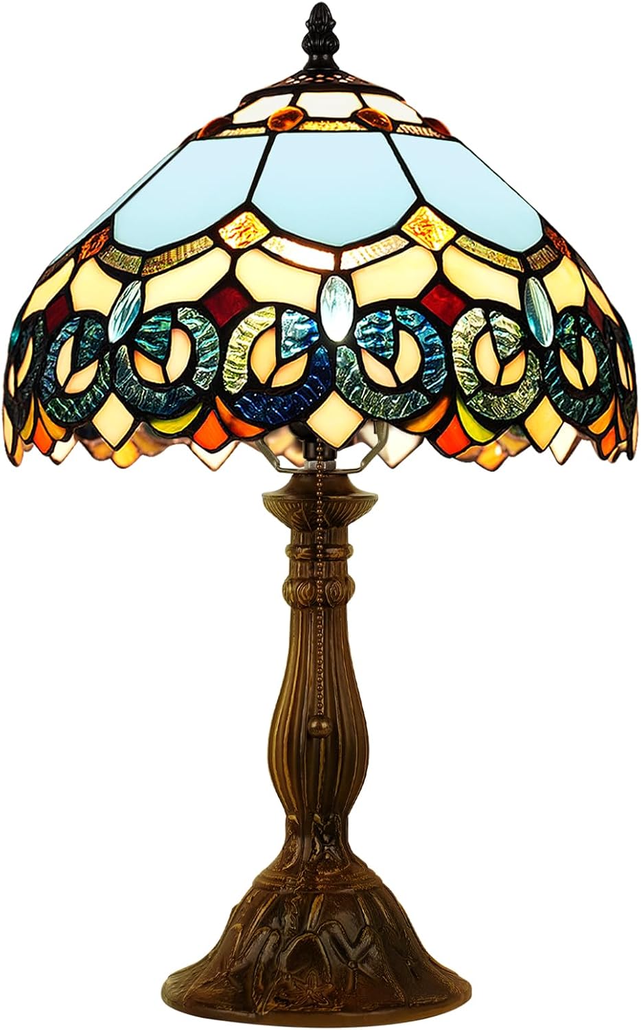MOAN Lamp Stained Glass Table Lamp 12X12X19 Inch Bedside Reading Light Antique Bronze Base(Sapphire Style)