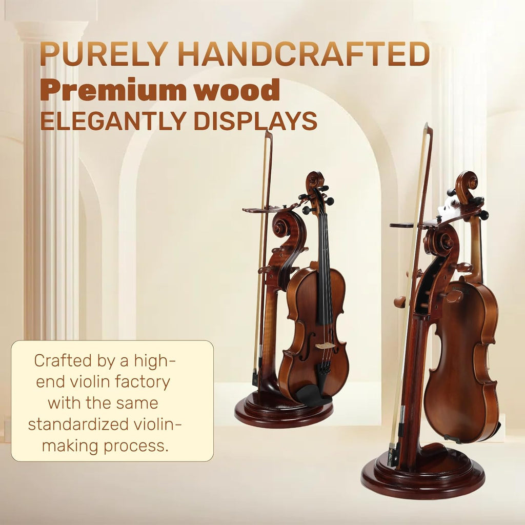 Solid Wood Violin Stand with Bow Holder - No Assembly Needed, Heavy-Duty 4/4 Size Display, Handcrafted Cut-Out Design for Home/Studio/Stage