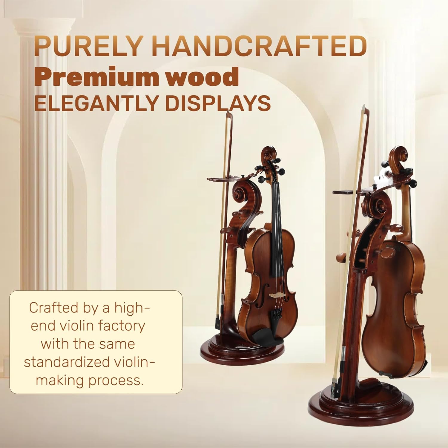 Solid Wood Violin Stand with Bow Holder - No Assembly Needed, Heavy-Duty 4/4 Size Display, Handcrafted Cut-Out Design for Home/Studio/Stage