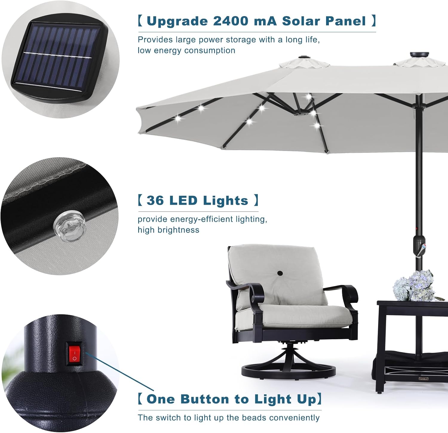 ABCCANOPY 15ft Umbrella Outdoor Patio Solar Lights with Base, Outdoor Double-Sided Rectangle Umbrella for Poolside, Lawn, Backyard (Light Gray)