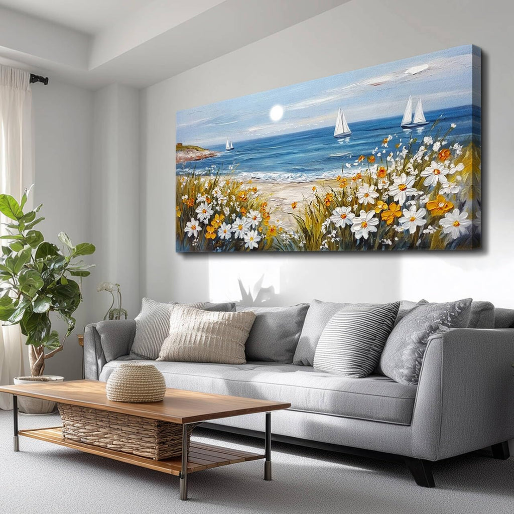 KELIYUAN Large Vintage Landscape Painting Home Decor Blue Ocean Beach Painting Living Room Decorative Wall Art Modern Print Canvas White Flowers Farmhouse Office Bedroom Wall Decor 30 X 60 Inches