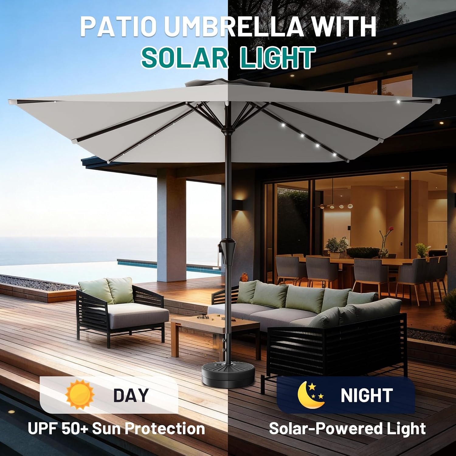 AreShark 8' X 10' Rectangular Patio Umbrella with Solar Lights, Lighted Solar Umbrella with Crank, Outdoor Table Umbrella for Garden, Deck, Backyard, Pool and Beach, Light Gray