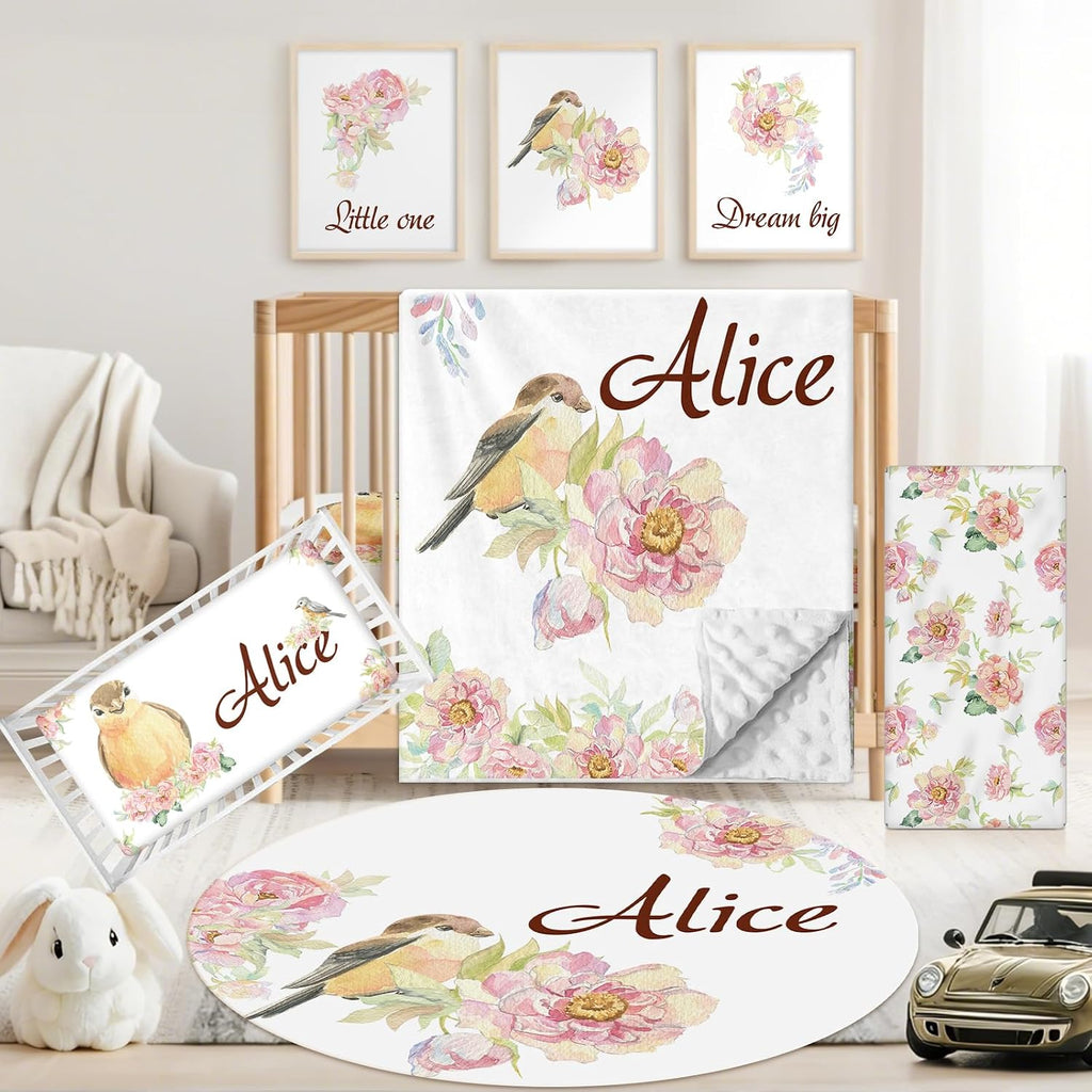Custom Baby Crib Bedding Set, 5 PCS Personalized Name Baby Crib Sets for Girls Boys, Bird Theme Nursery Bedding Sets for Infant Toddler, Double Layer Flannel Bed Set Customized Gifts