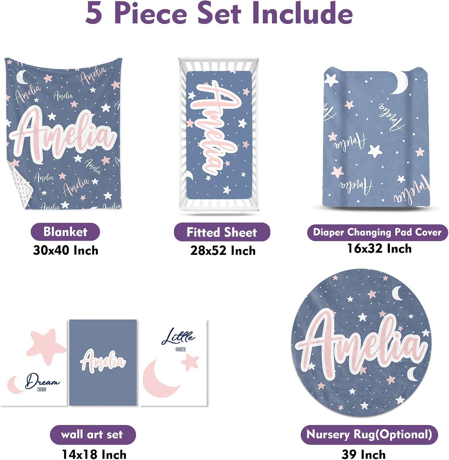 TOOTANN Custom Baby Crib Bedding Set, 5 Pcs Personalized Name Baby Crib Sheets for Kid Toddler Infant, Light Blue Starry Sky and Stars Nursery Bedding Set