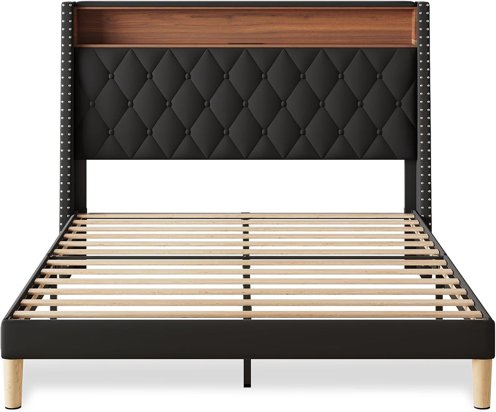 WLIVE Queen Size Upholstered Bed Frame with 48'' Tall Wingback Headboard, Velvet Square Tufted Platform Beds with Charging Station, Sturdy Metal & Wooden Slats Support, Black