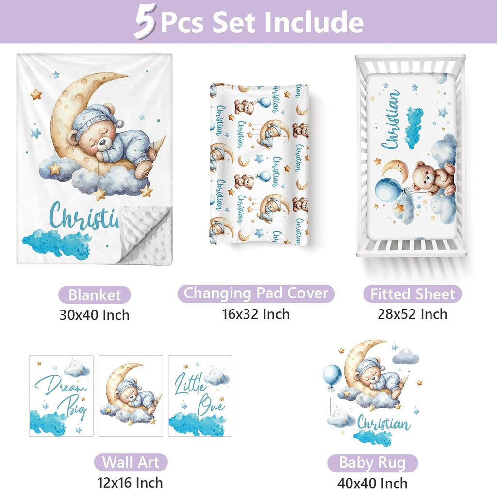 Personalized Baby Crib Bedding Set, 5 Pcs Custom Name Nursery Bedding Set for Girls Boys, Blue Moon Bear Baby Crib Set for Toddlers Infants, Double Layer Bedding Crib Sets Customized Gifts