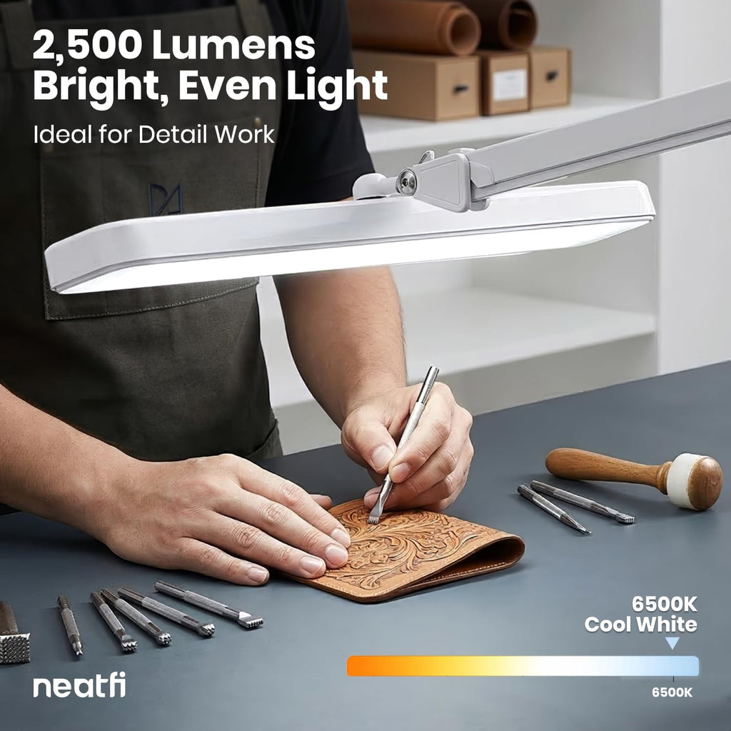 Neatfi XL 2,500 Lumens 30W LED Task Lamp for Manicure Table, Crafts, Workbench, Office – 22' Wide Shade Desk Light | Eye-Caring 6500K | 4-Level Brightness (White, Non-CCT with Clamp)