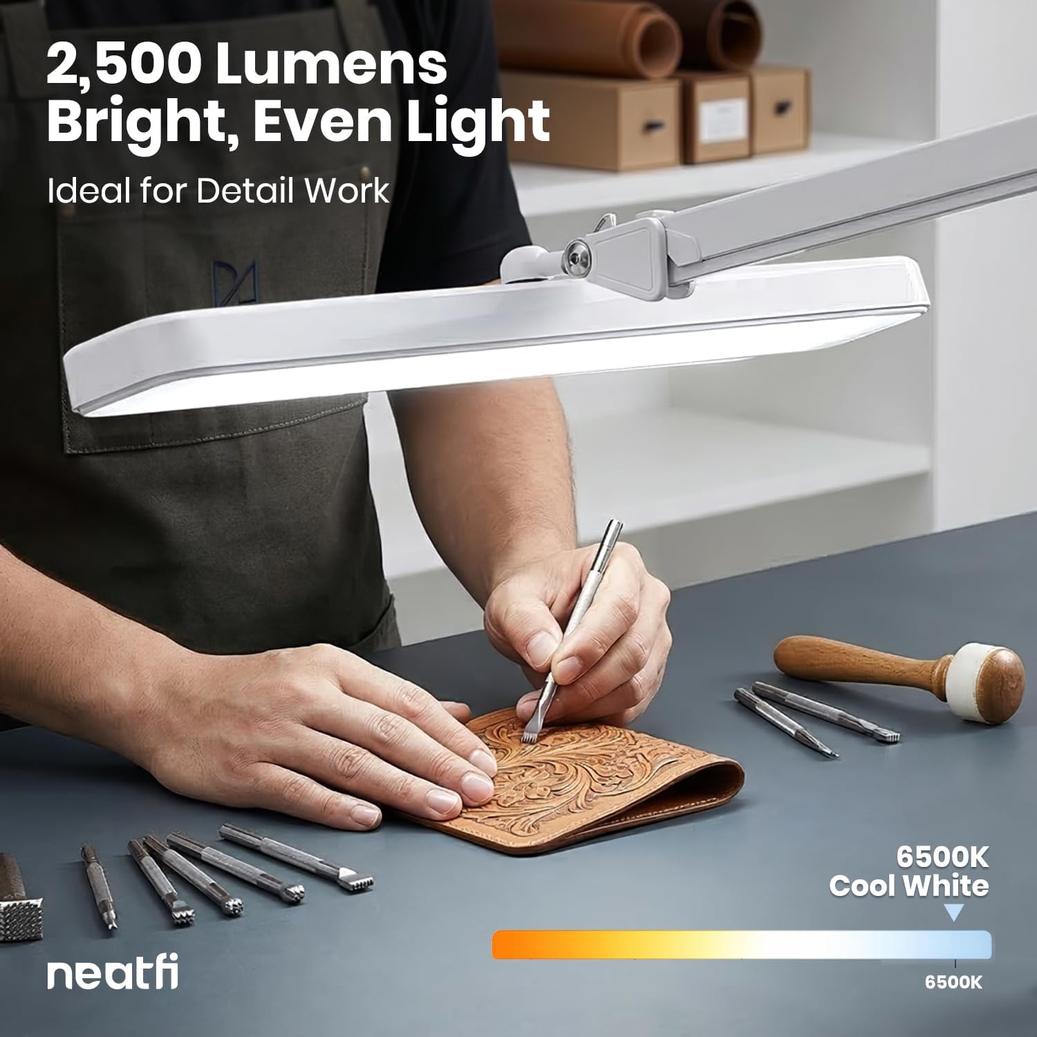 Neatfi XL 2,500 Lumens 30W LED Task Lamp for Manicure Table, Crafts, Workbench, Office – 22' Wide Shade Desk Light | Eye-Caring 6500K | 4-Level Brightness (White, Non-CCT with Clamp)
