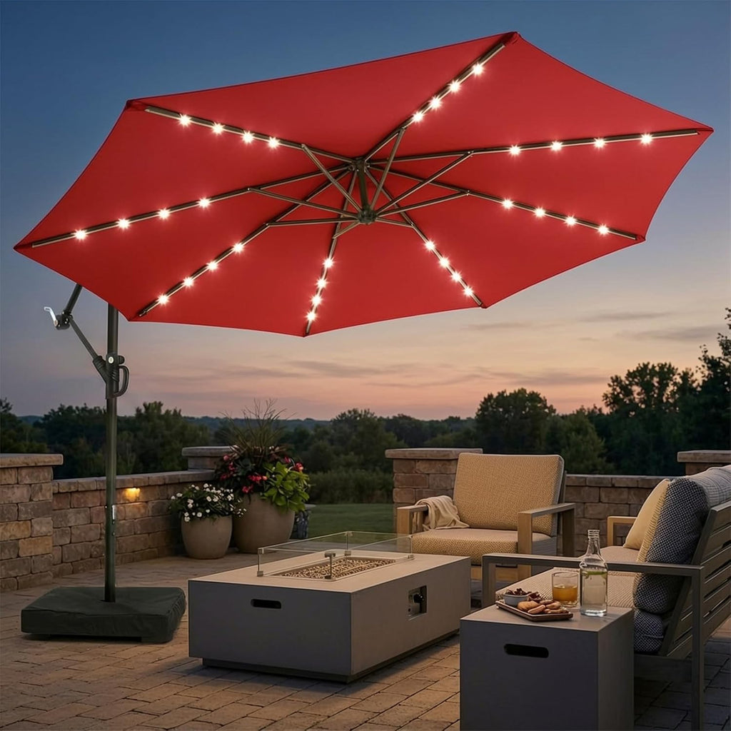 wikiwiki 10ft Solar LED Patio Umbrella with Base Included, Offset Umbrella with Weighted Sandbag Base, Cantilever Patio Umbrellas for Backyard, Garden & Deck, 32 LED Lights & Polyester Shade, Red