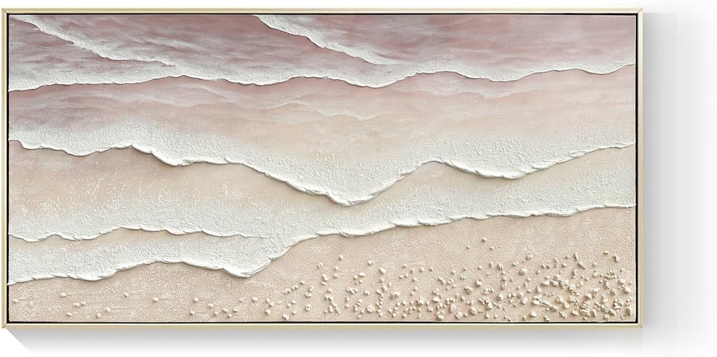 Beach Wave Textured Wall Art - Hand Painted Abstract Wall Painting for Living Room Framed Artwork 60x30 Horizontal Canvas Extra Large Plaster Wall Decor