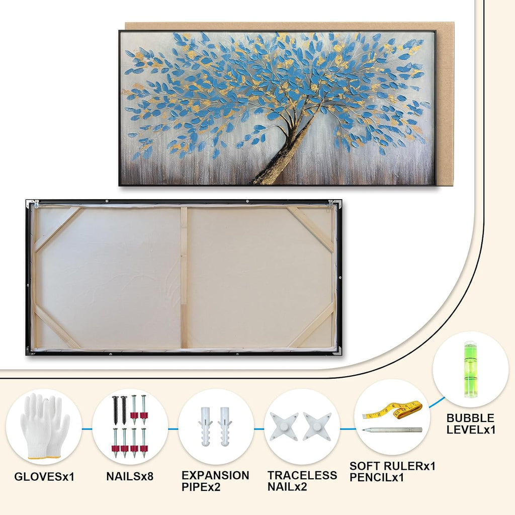 Blue Tree of Life Canvas Wall Art, Modern Abstract Textured Painting, Large Wall Art Framed Panoramic Landscape Artwork for Living Room, Bedroom, Office, Home Decor 48'x24'