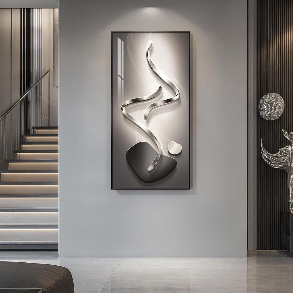Large Framed Modern Abstract Vertical Wall Art for Living Room, Black Grey Prints Paintings Artwork for Walls, Silver Gray Luxury Pictures for Hallway Entryway Foyer Stair Office Wall Decor 30x60 Inch