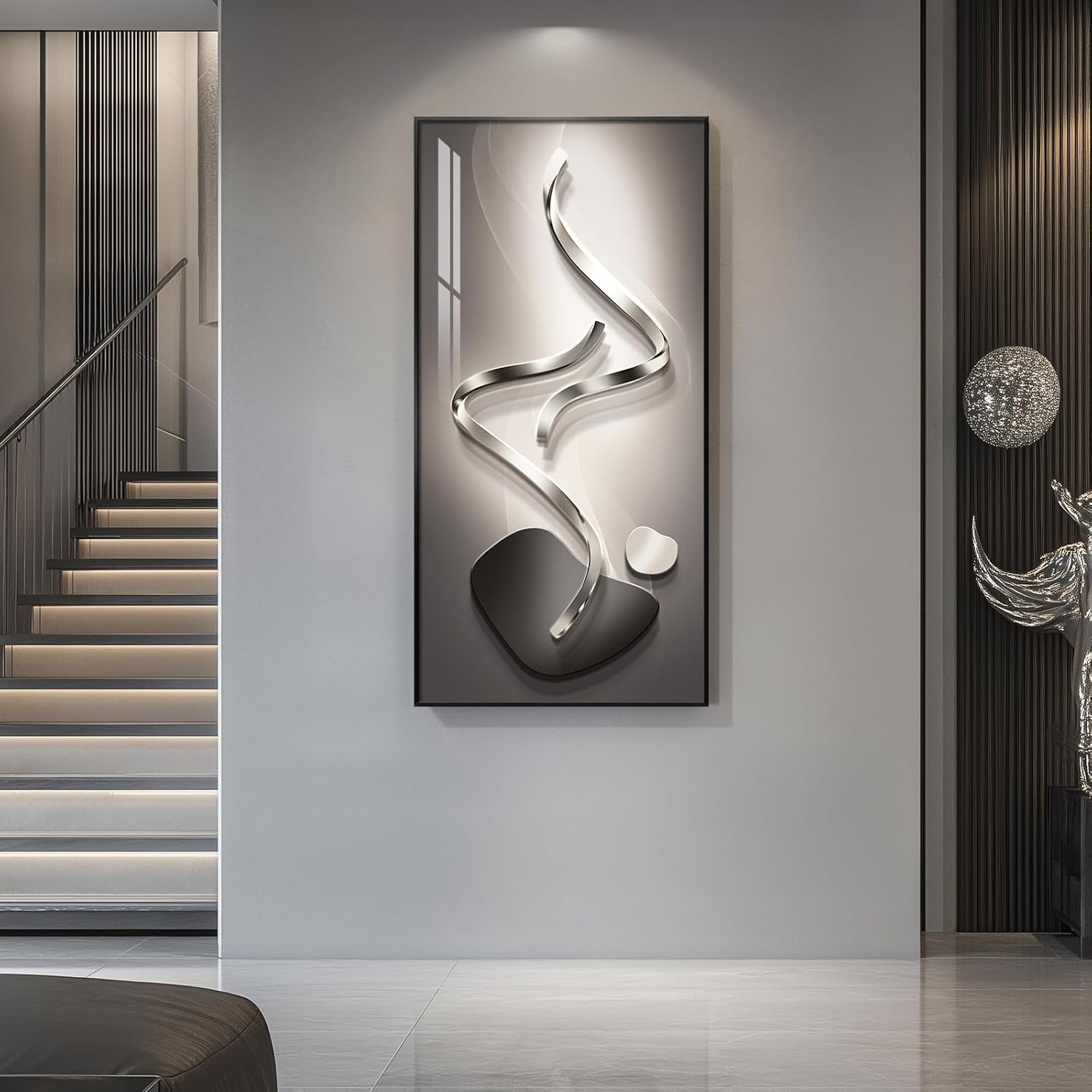 Large Framed Modern Abstract Vertical Wall Art for Living Room, Black Grey Prints Paintings Artwork for Walls, Silver Gray Luxury Pictures for Hallway Entryway Foyer Stair Office Wall Decor 30x60 Inch