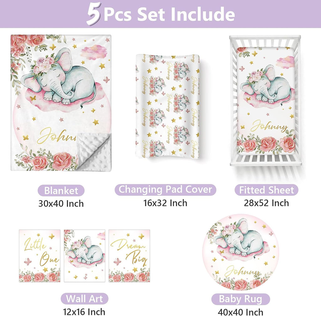 Personalized Baby Crib Bedding Set, 5 Pcs Custom Name Nursery Bedding Set for Girls Boys, Pink Elephant Baby Crib Set for Toddlers Infants, Double Layer Bedding Crib Sets Customized Gifts