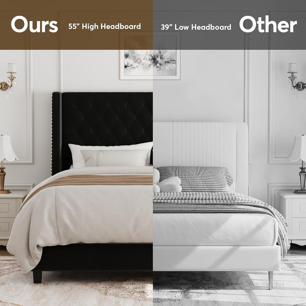 Queen Bed Frame with 55' Tall Headboard, Upholstered Black Bed Frame Queen, Soft Fabric, Button Tufted Headboard with Windback, Platform Bed, Noise-Free, No Box Spring Needed