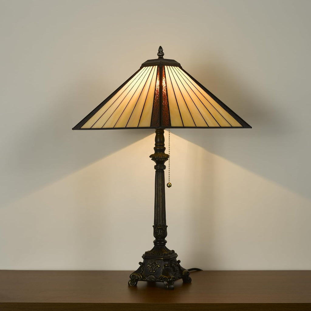 Tiffany Table Lamps Yellow Brown Stained Glass Striped Checkered Style Mission Desk Lamp 12X12X24 Inch Bronze Resin Base