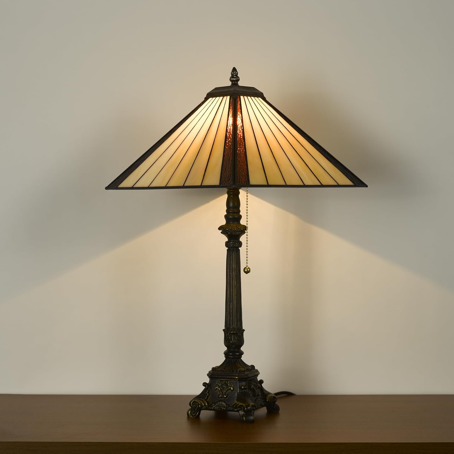 Tiffany Table Lamps Yellow Brown Stained Glass Striped Checkered Style Mission Desk Lamp 12X12X24 Inch Bronze Resin Base