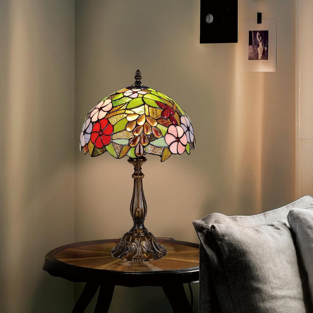 Tiffany Style Green Stained Glass Table Lamp, Purple Grape Colorful Blossom Desk Light with Antique Bronze Resin Base, Decorative Lighting for Bedroom, Living Room, Office 12X12X19 Inch