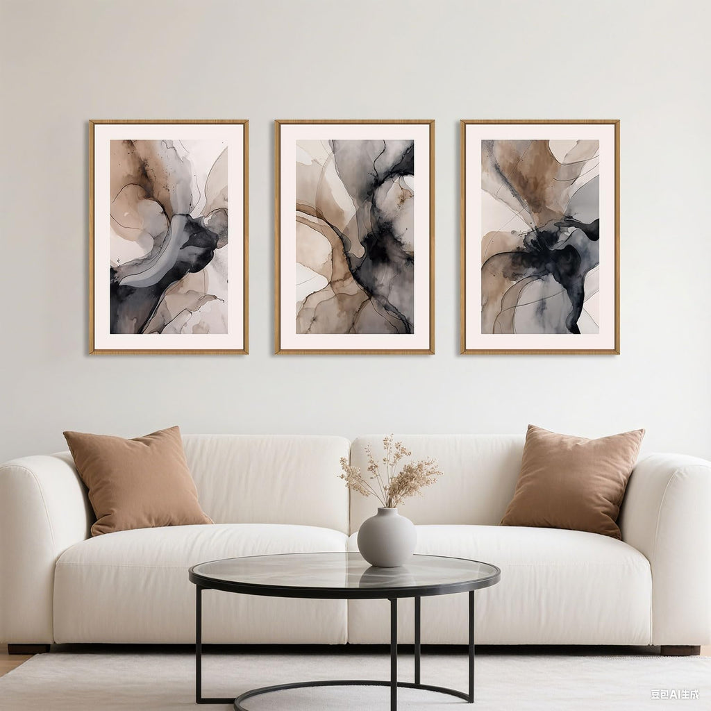 Celestdeco Large Abstract Neutral Framed Canvas Wall Art,Watercolor Black Ink Wall Decor,Modern Beige Brown Prints,Minimalist Line Artwork for Living Room,Bedroom,Dining Room,Office-24 x36 x3