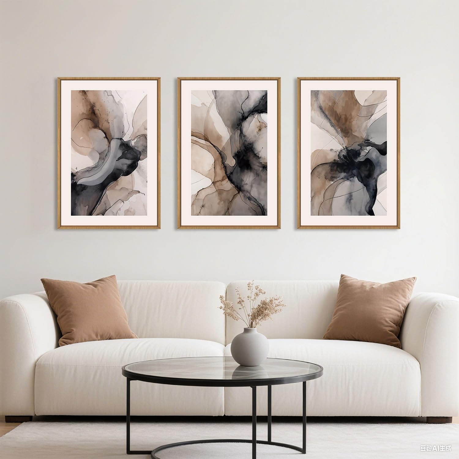 Celestdeco Large Abstract Neutral Framed Canvas Wall Art,Watercolor Black Ink Wall Decor,Modern Beige Brown Prints,Minimalist Line Artwork for Living Room,Bedroom,Dining Room,Office-24 x36 x3