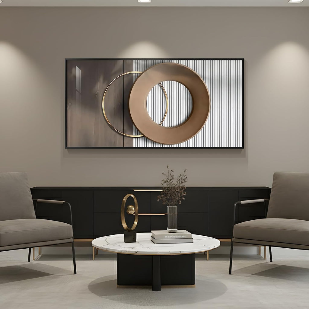 Large Horizontal Modern Wall Art for Living Room, Framed Neutral Picture Prints, Minimalist White Brown Circle Geometric Painting Artwork Decor for Bedroom Dining Room Hallway Office 56x28 Inch
