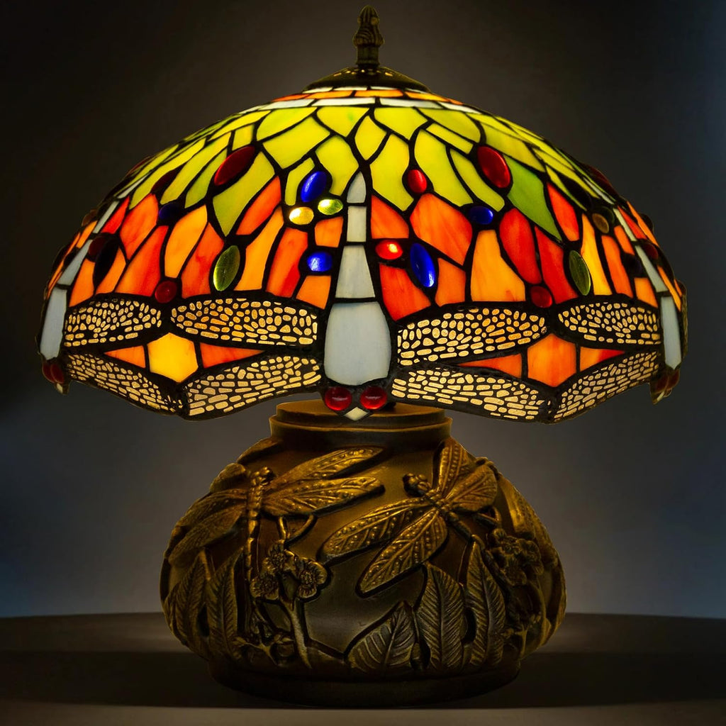 Tiffany Style Table Lamp Dragonfly, Small Stained Glass Lamp For Bedside, Bedroom, Nightstand, Living Room, 12 Inch Mini Vintage Mushroom Desk Lights Included E26 LED with Remote Control