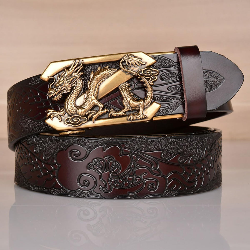 Mens Ratchet Leather Belt, Genuine Leather belts, Engraved Vintage Dragon Eagle Tiger Buckle, Business leisure belt