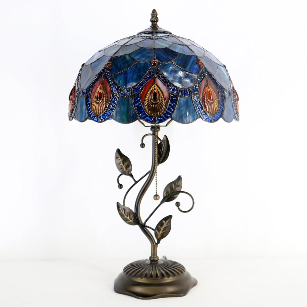 Tiffany Table Lamp, Stained Glass Style Desk Lamp, 12X12X19 Inch,Bedside Reading Light, Metal Leaf Base（Brown Crystal Style