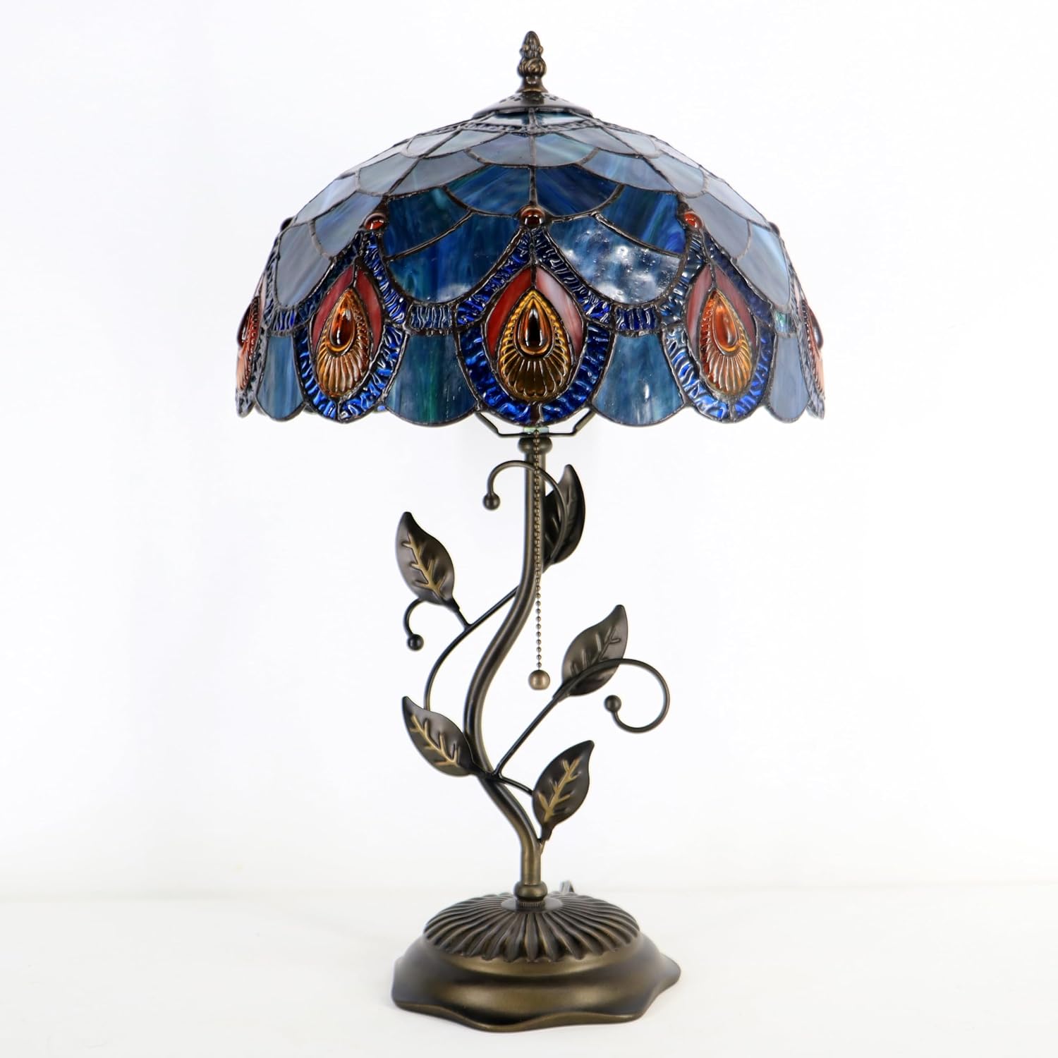 Tiffany Table Lamp, Stained Glass Style Desk Lamp, 12X12X19 Inch,Bedside Reading Light, Metal Leaf Base（Brown Crystal Style