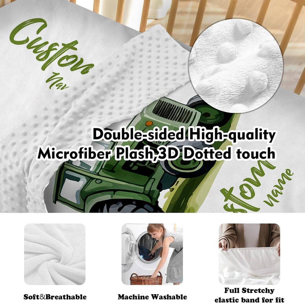 Personalized Crib Bedding Set for Baby Boys, Custom Name Baby Crib Sets 5-Pcs - Toddler Double Layer Blanket Fitted Sheet Changing Pad Cover Rug Wall Art Set, Green Tractor Theme Nursery Décor