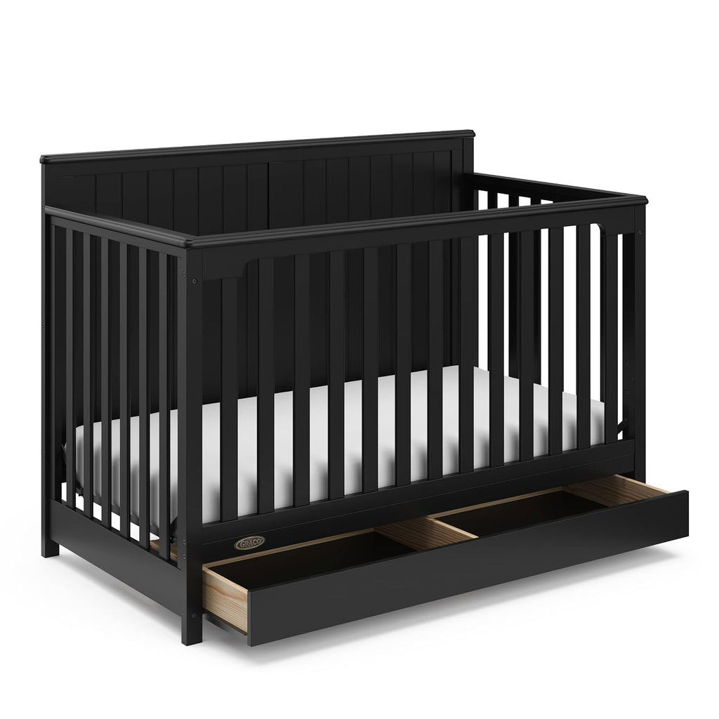 Graco Hadley 5-in-1 Convertible Crib with Drawer – GREENGUARD Gold Certified, Fits Standard Crib Mattress, Converts to Toddler Bed, Daybed and Full Bed, 4 Adjustable Mattress Heights (Black)