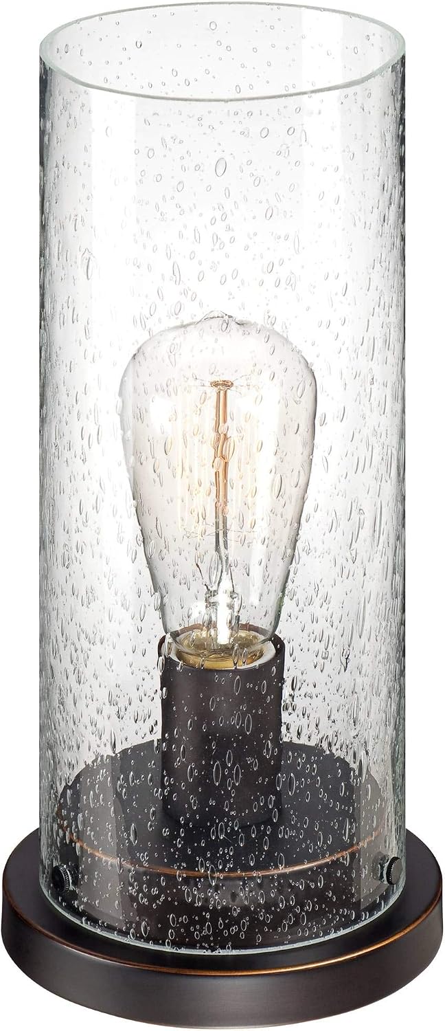 360 Lighting Libby Industrial Rustic Accent Table Lamps 12' High Set of 2 LED Bronze Metal Seeded Glass Cylinder Shade Vintage Edison Bulbs for Bedroom House Bedside Nightstand Home Office