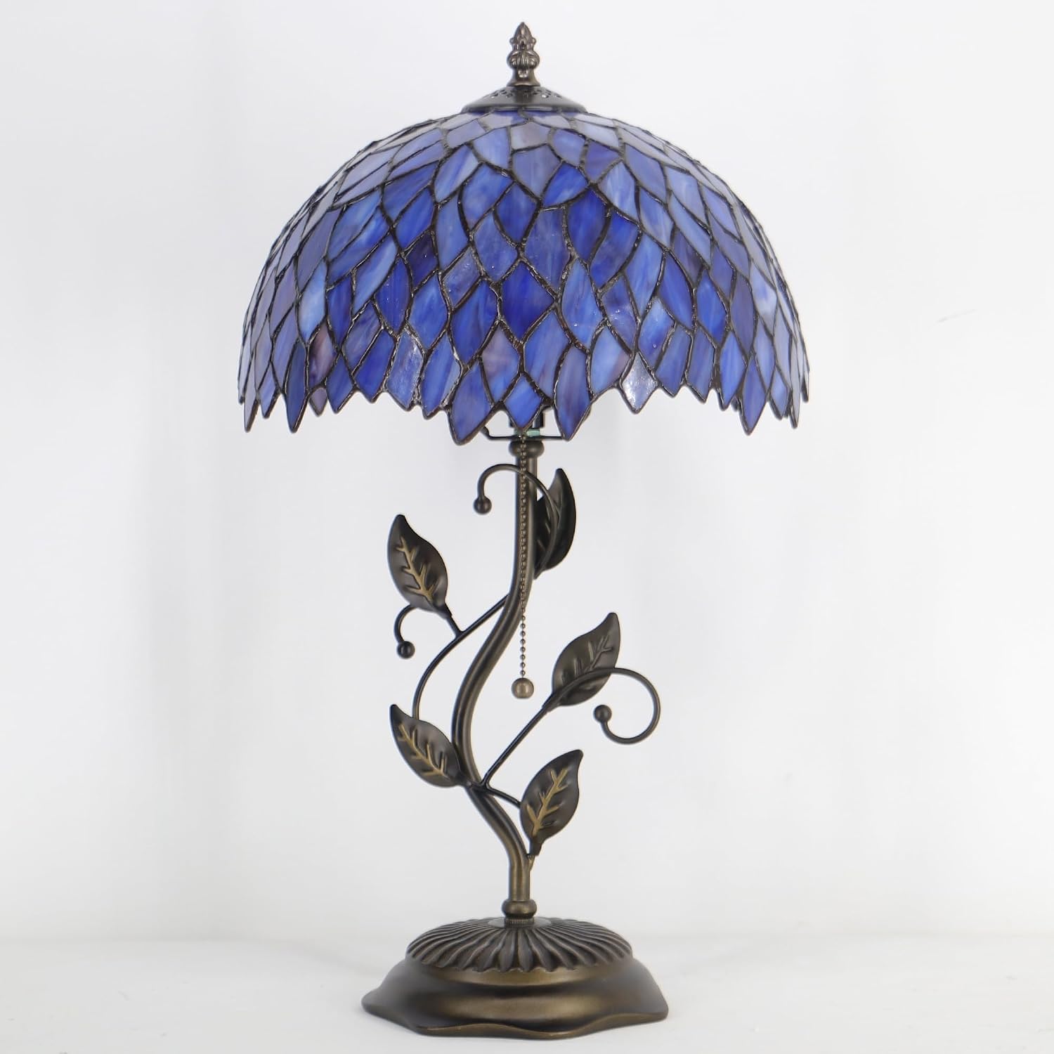 Tiffany Table Lamp Stained Glass Desk Lamp Metal Leaf Base Reading Light 12X19 Inch (Wisteria Style)