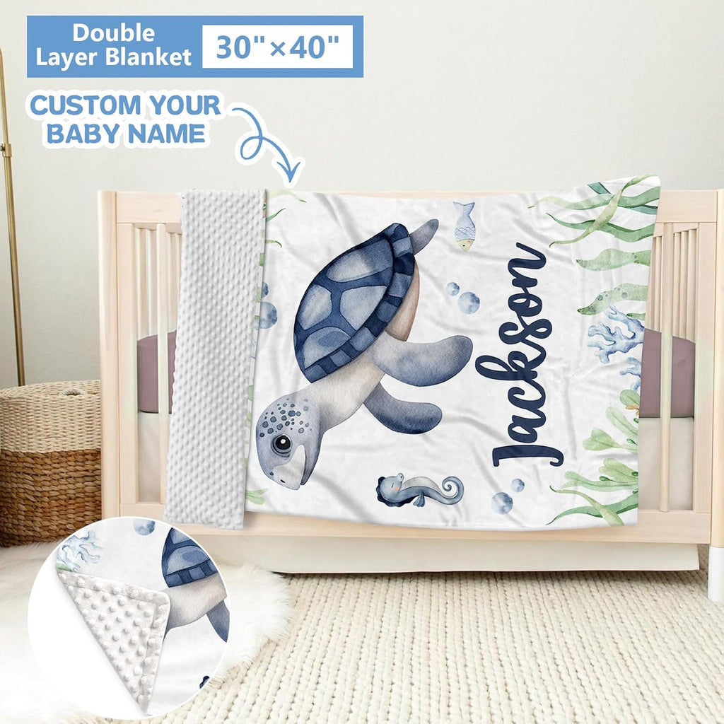 KAINSY Personalized Baby Crib Bedding Set, 5 Pcs Custom Name Bedding Set, Double Layer Nursery Set, Ocean Animal Crib Set for Girls & Boys, Gift for Toddler & Infant