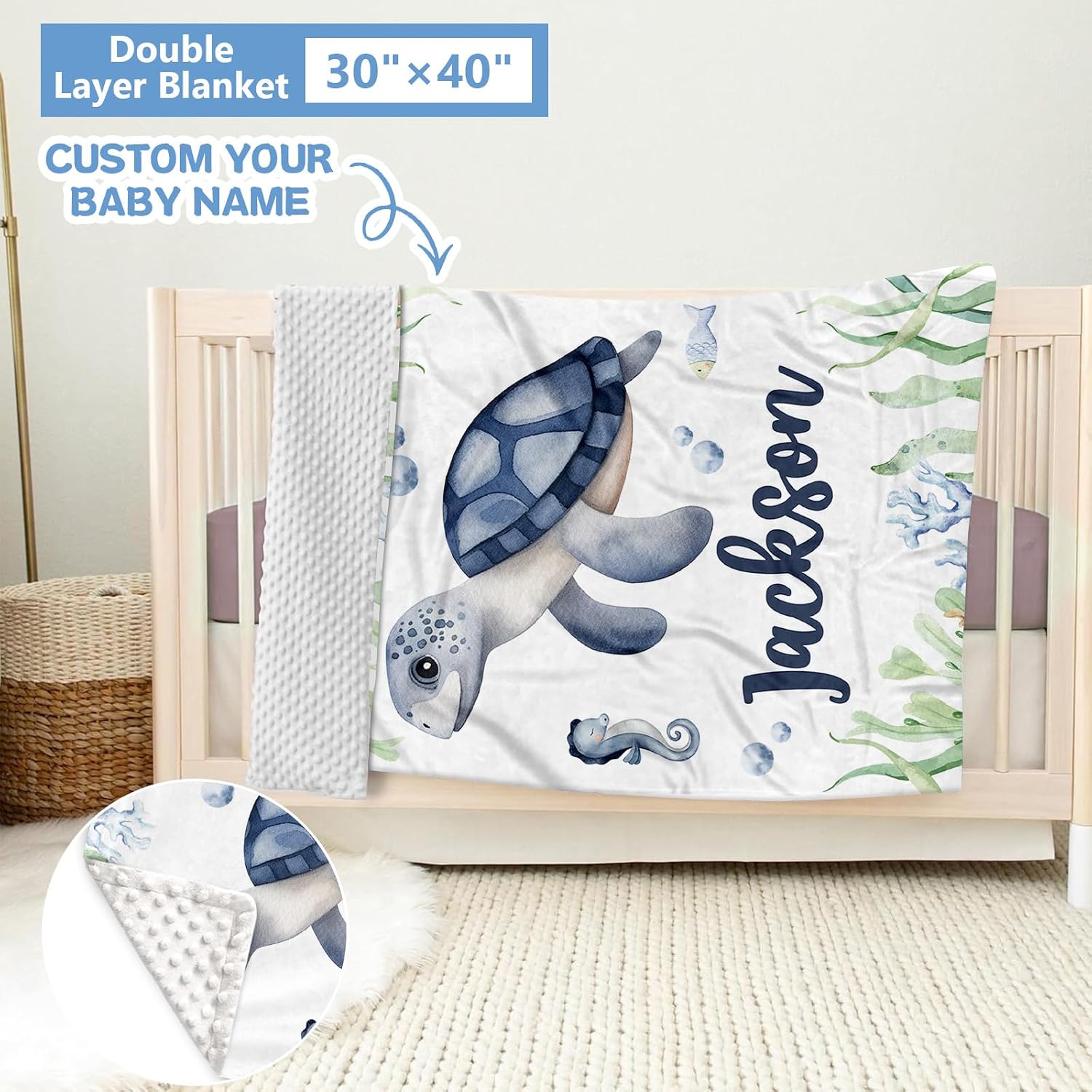 KAINSY Personalized Baby Crib Bedding Set, 5 Pcs Custom Name Bedding Set, Double Layer Nursery Set, Ocean Animal Crib Set for Girls & Boys, Gift for Toddler & Infant